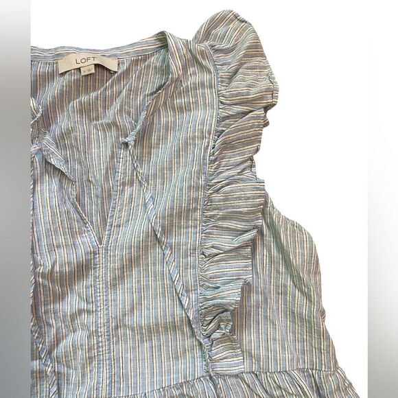 LOFT Blue and White Striped Cotton Ruffle Shoulder Tie Neck Peplum Blouse - Picture 5 of 10